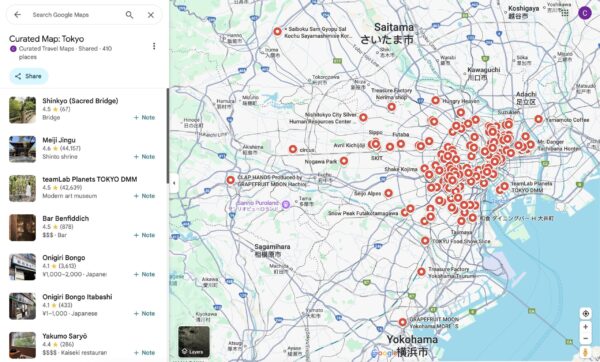 A curated map of Tokyo using Google Maps